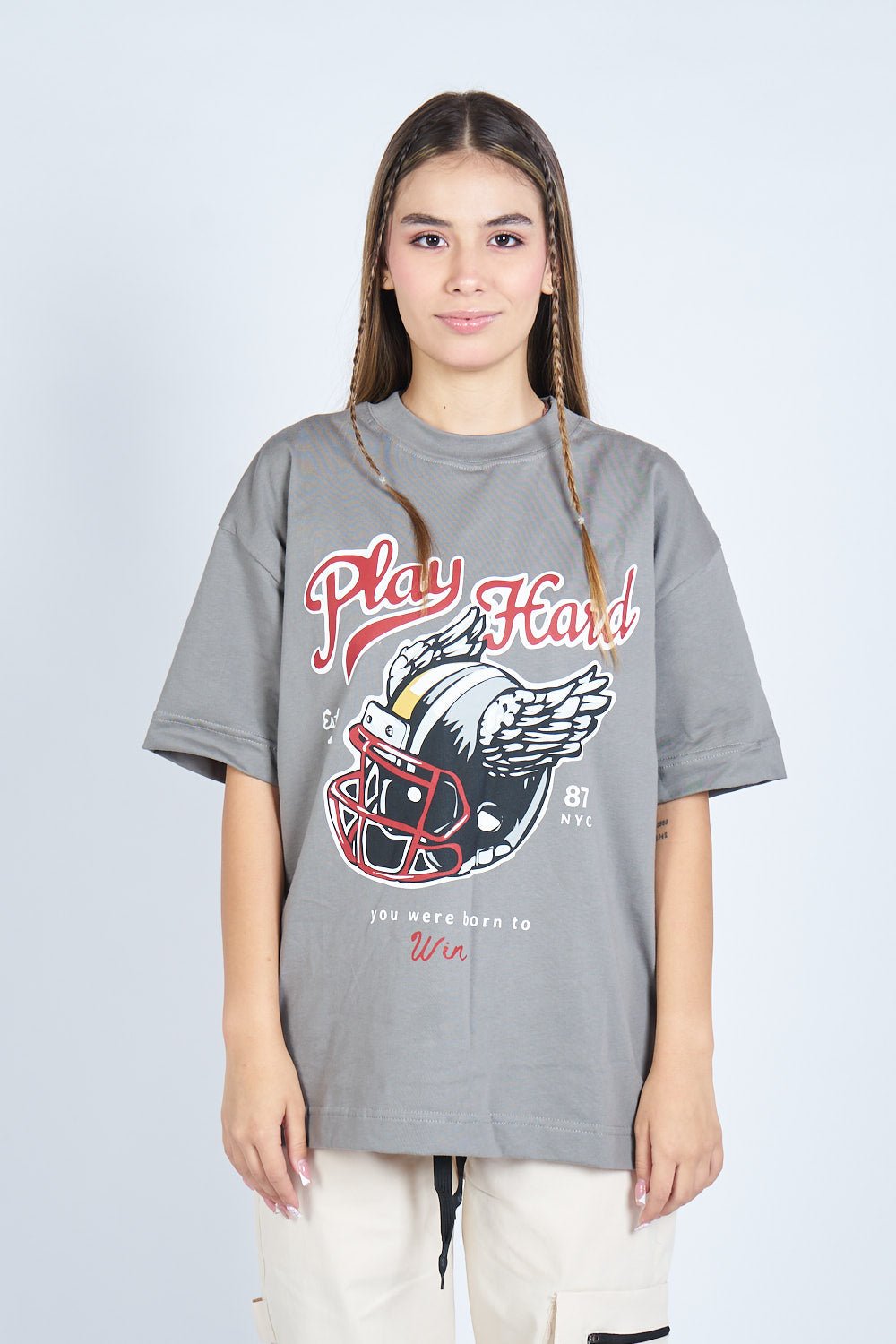 Camiseta oversize PLAY HARD GRIS | DROP 03 |
