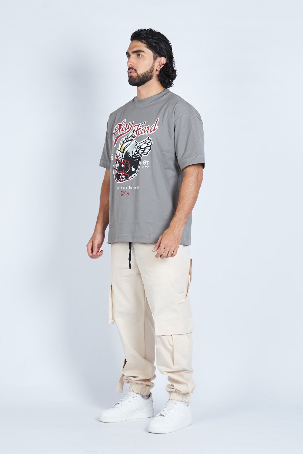 Camiseta oversize PLAY HARD GRIS | DROP 03 |