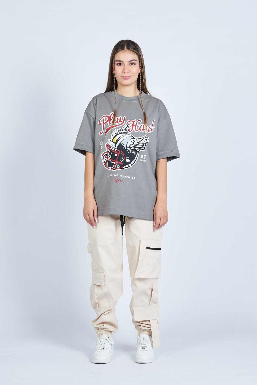 Camiseta oversize PLAY HARD GRIS | DROP 03 |