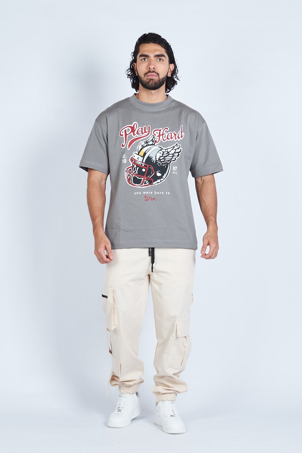 Camiseta oversize PLAY HARD GRIS | DROP 03 |