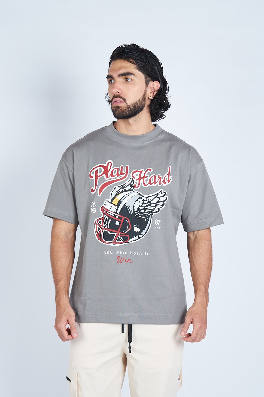 Camiseta oversize PLAY HARD GRIS | DROP 03 |