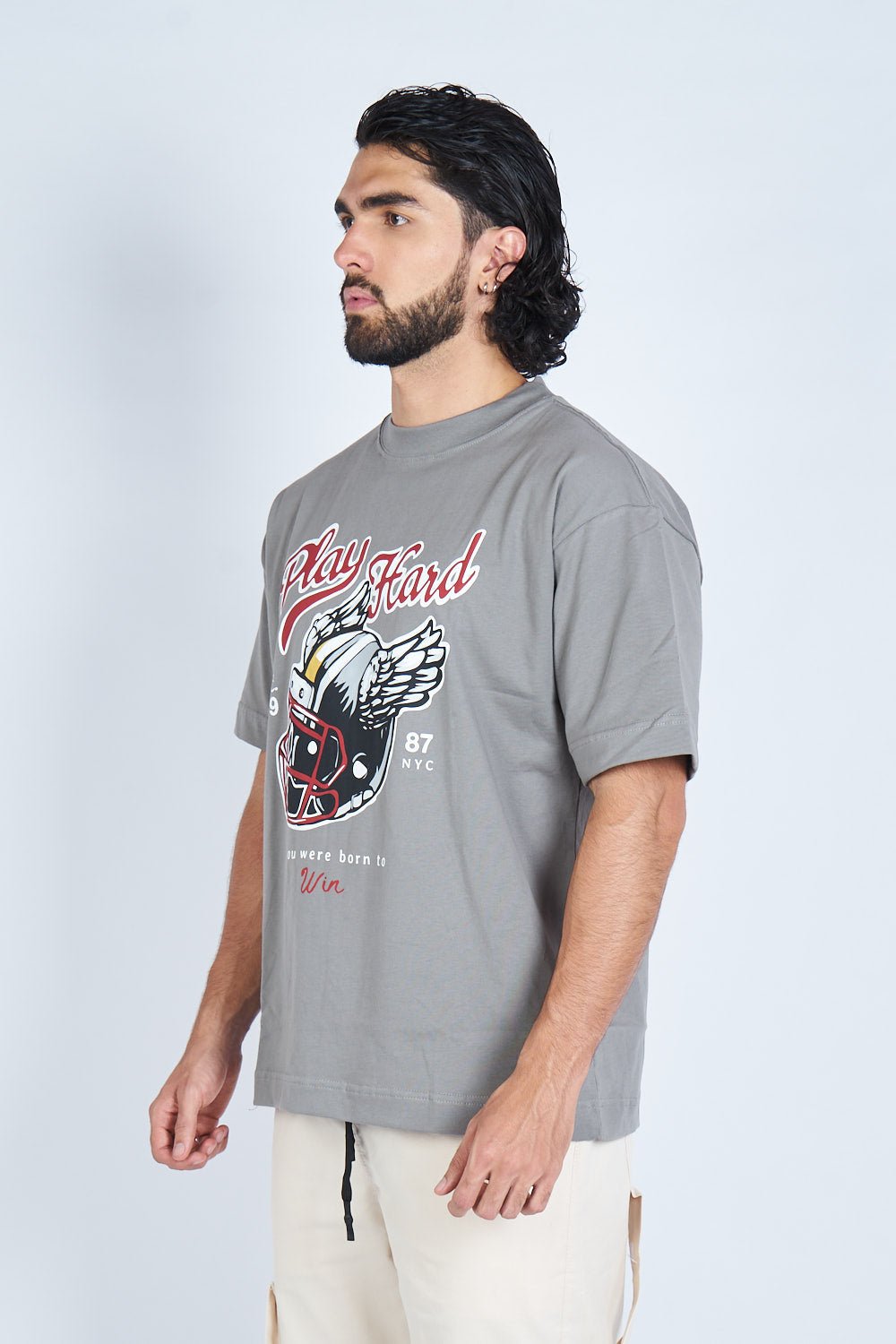 Camiseta oversize PLAY HARD GRIS | DROP 03 |